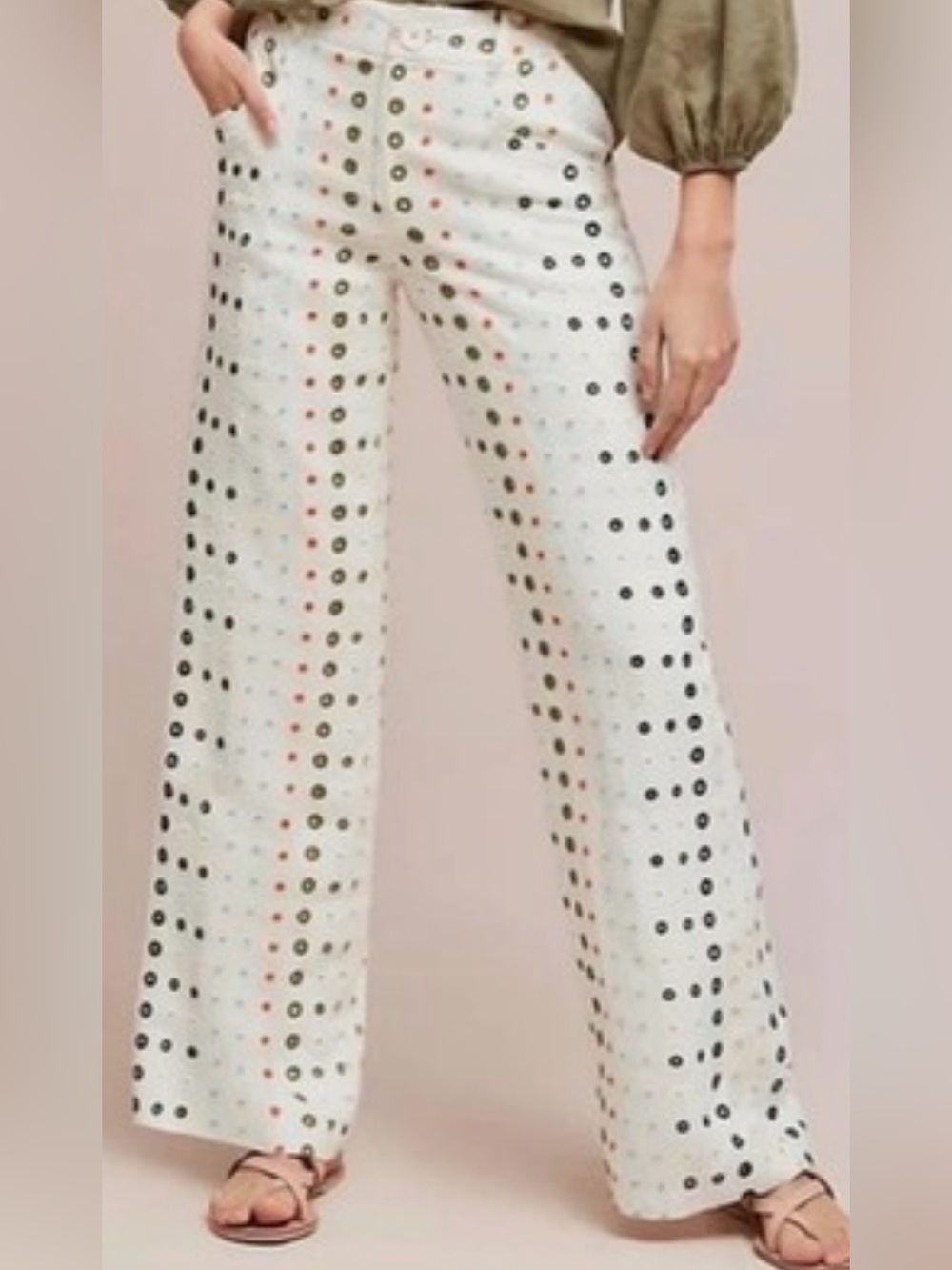 Anthropologie White Eyelet Wide-Leg Polka Dot Pants
